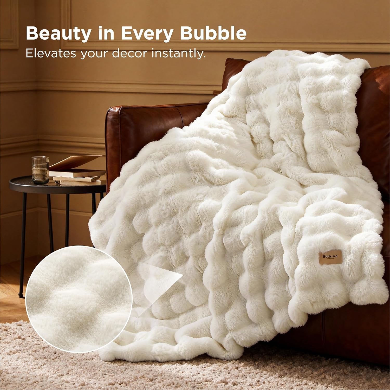 Bedsure GentleSoft Faux Fur Throw Blanket | Cream Plush Fleece Cozy Sofa & Bed Throw