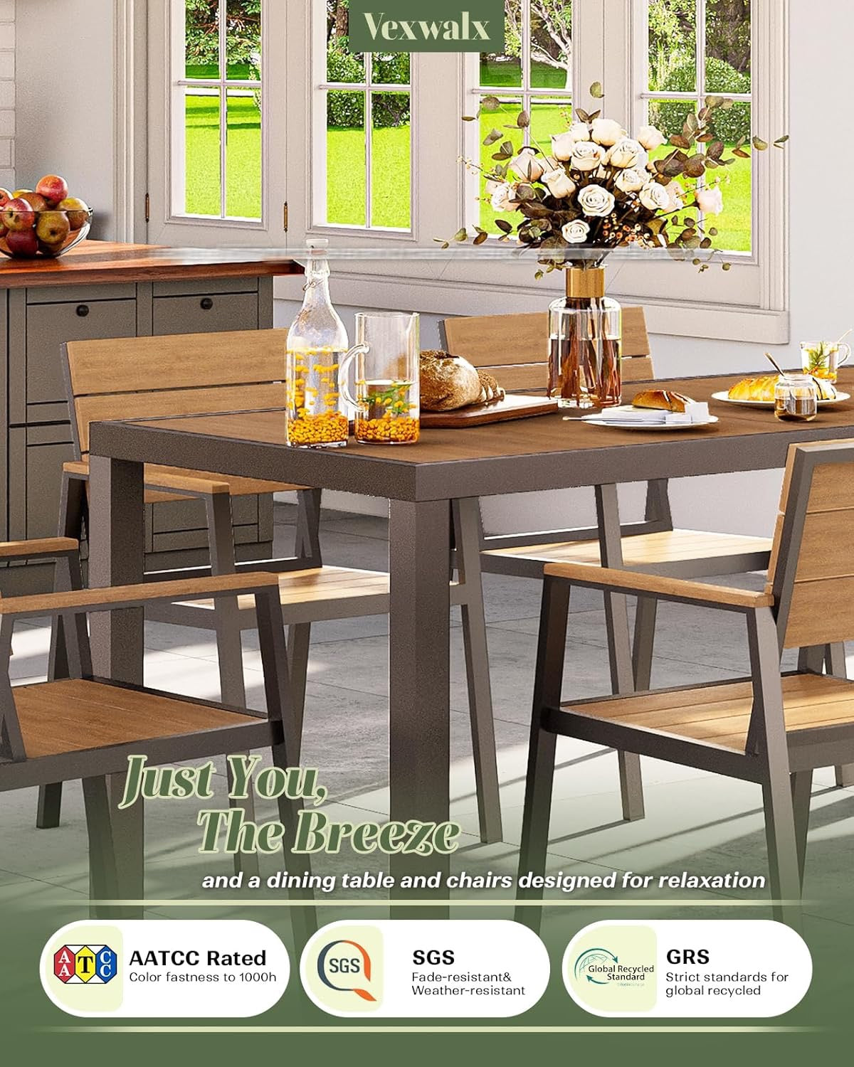 7-Piece Aluminum Patio Dining Set | HDPS Gray-Teak Outdoor Table & Chairs for 6 with Umbrella Hole