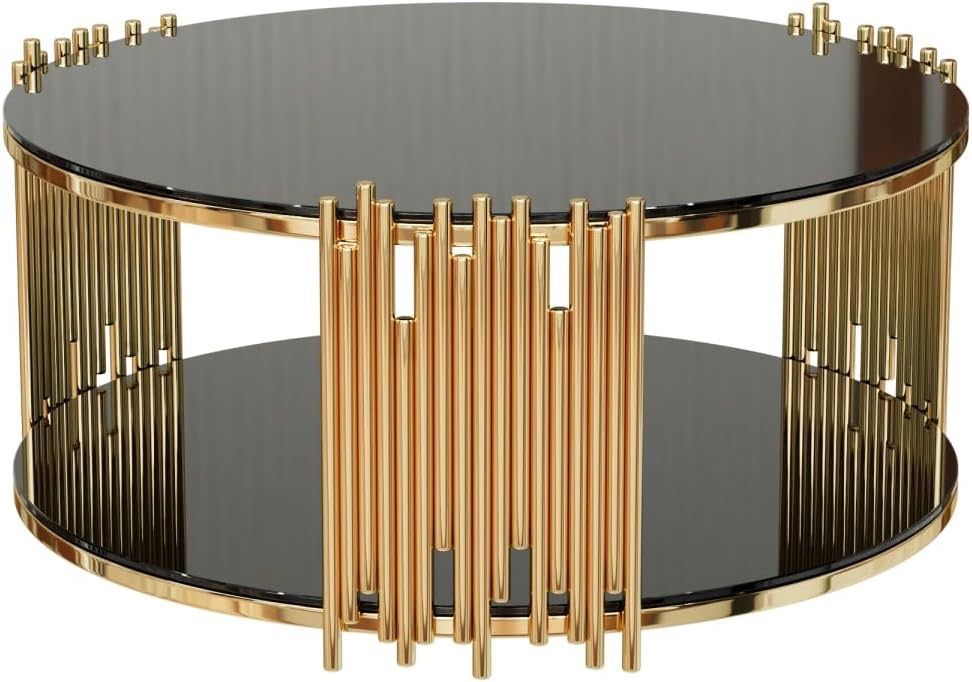 36” Round Glass Coffee Table | Modern Luxury 2-Tier Center Table with Gold Stainless Steel Base