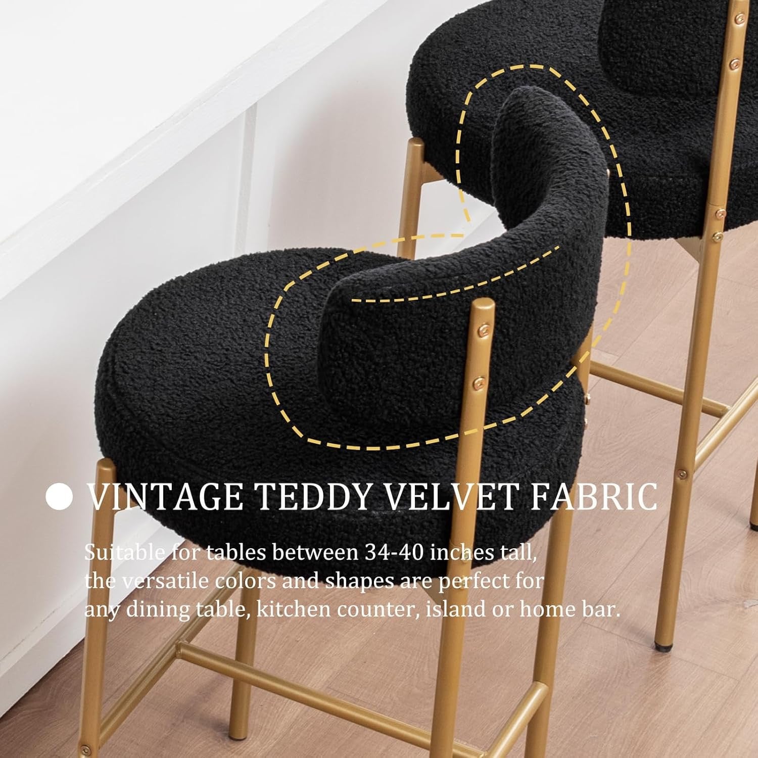 Bouclé Bar Stools Set of 3 Black & Gold | Counter Height Upholstered Barstools with Back for Kitchen Island