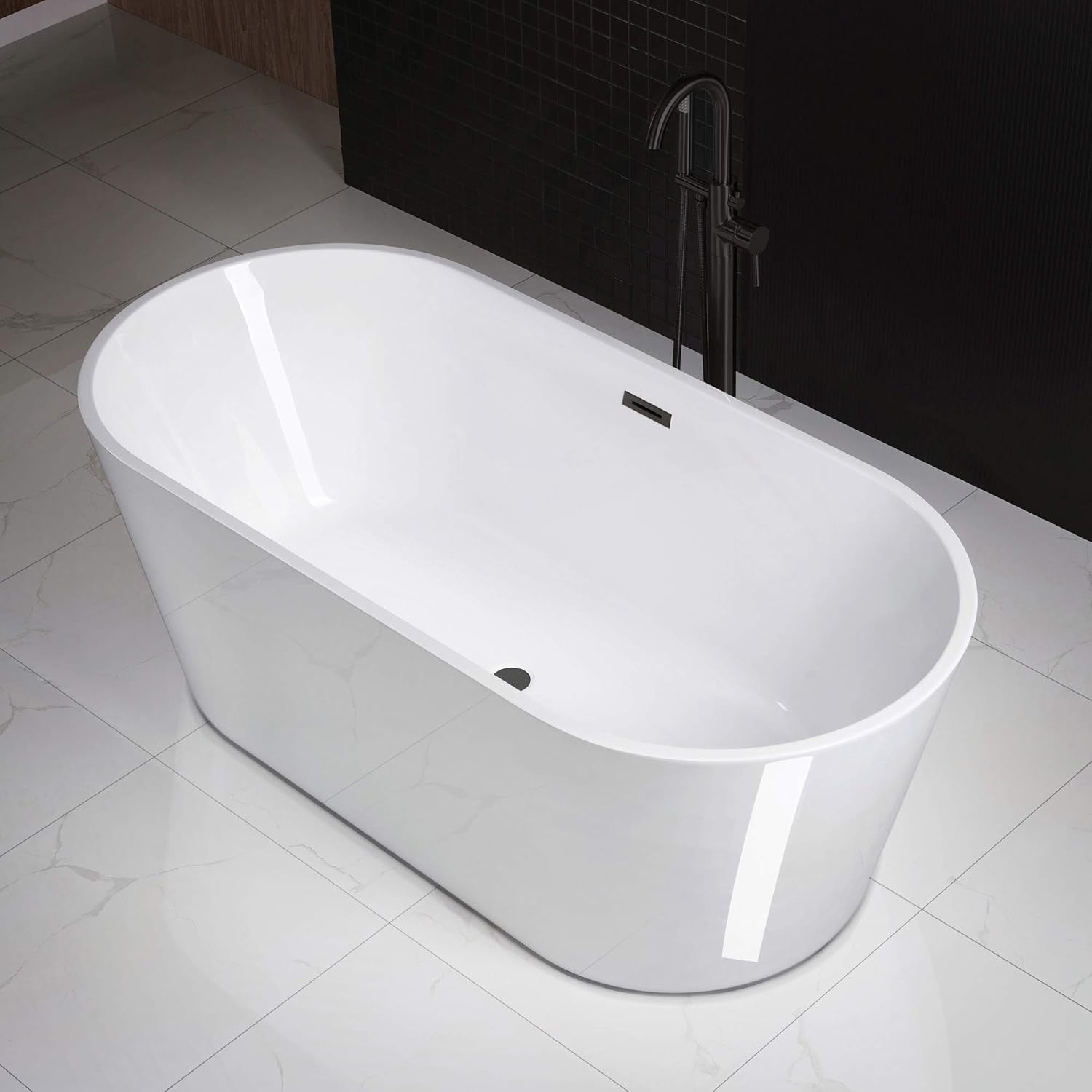 WOODBRIDGE 67" Freestanding Acrylic Soaking Bathtub | Contemporary Luxury Tub with Matte Black Drain