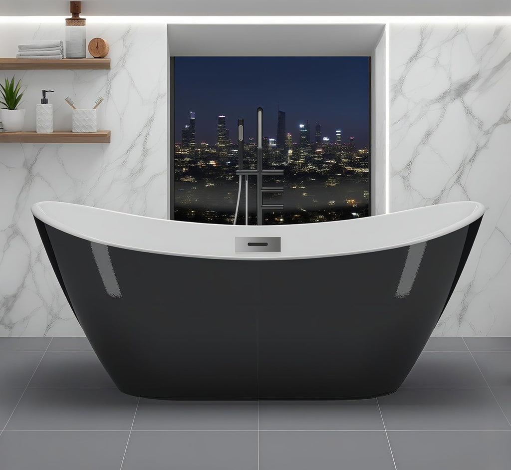 67” Freestanding Acrylic Bathtub | Black Exterior White Interior | Modern Deep Soaking Tub with Chrome Drain