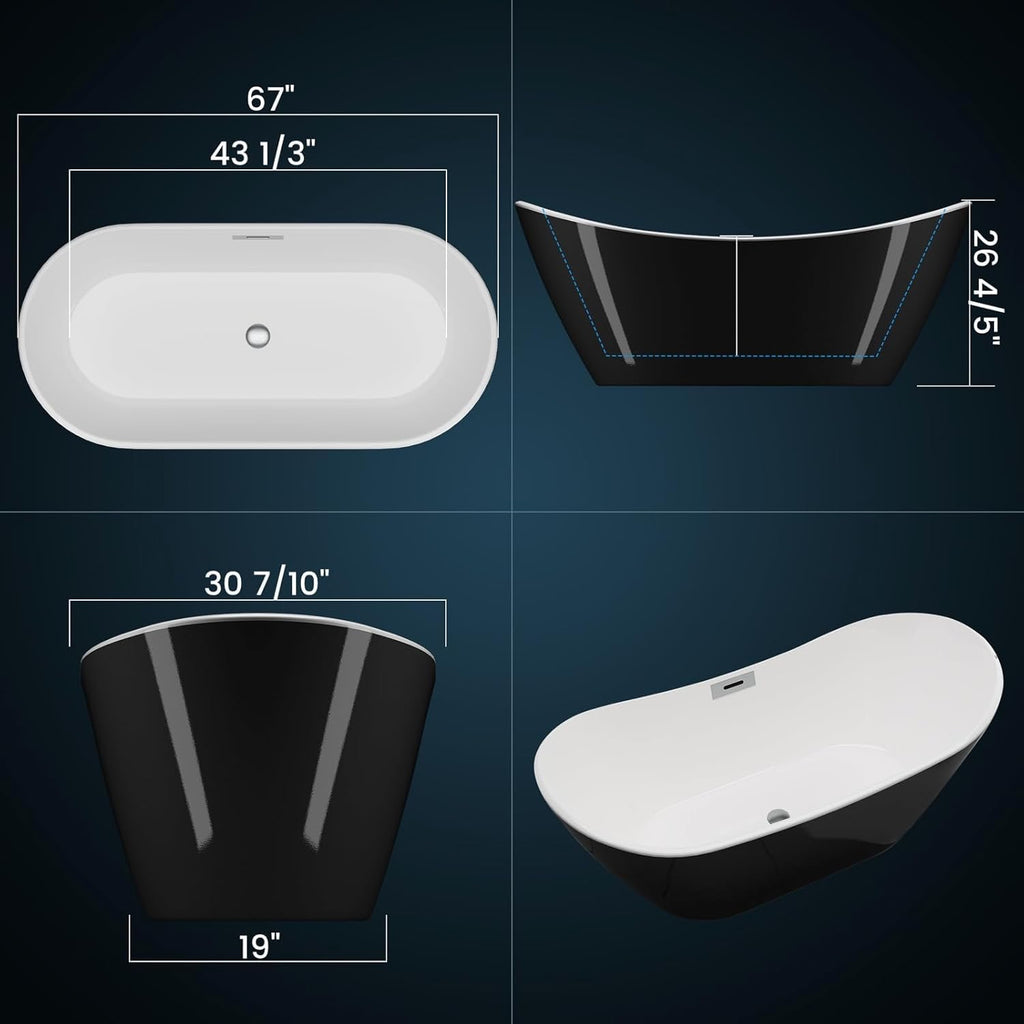 67” Freestanding Acrylic Bathtub | Black Exterior White Interior | Modern Deep Soaking Tub with Chrome Drain