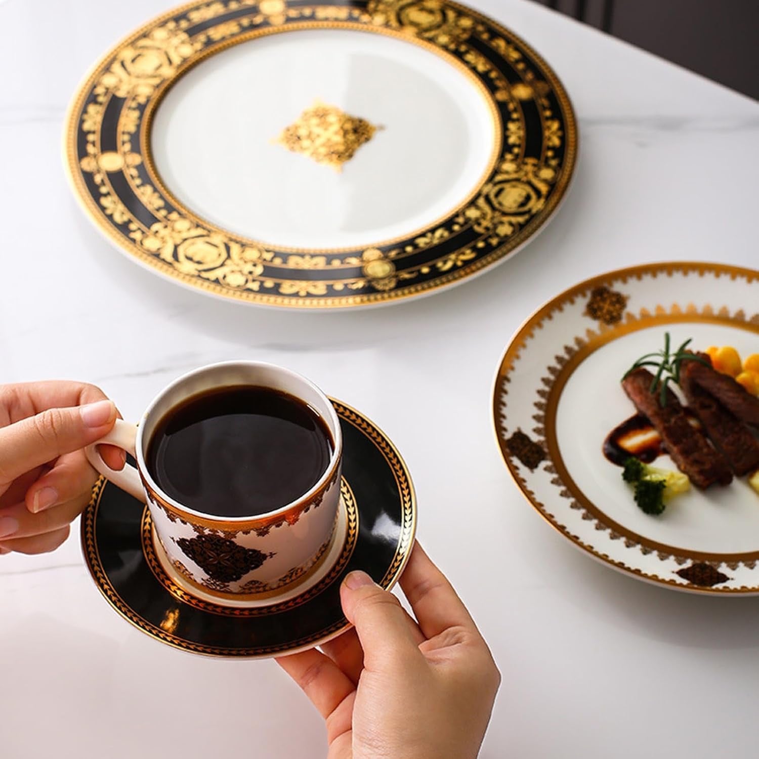8 Piece Bone China Dinnerware Set for 2 Gold Rim | Elegant Plates Cups and Saucers Scratch Resistant Dishwasher Safe