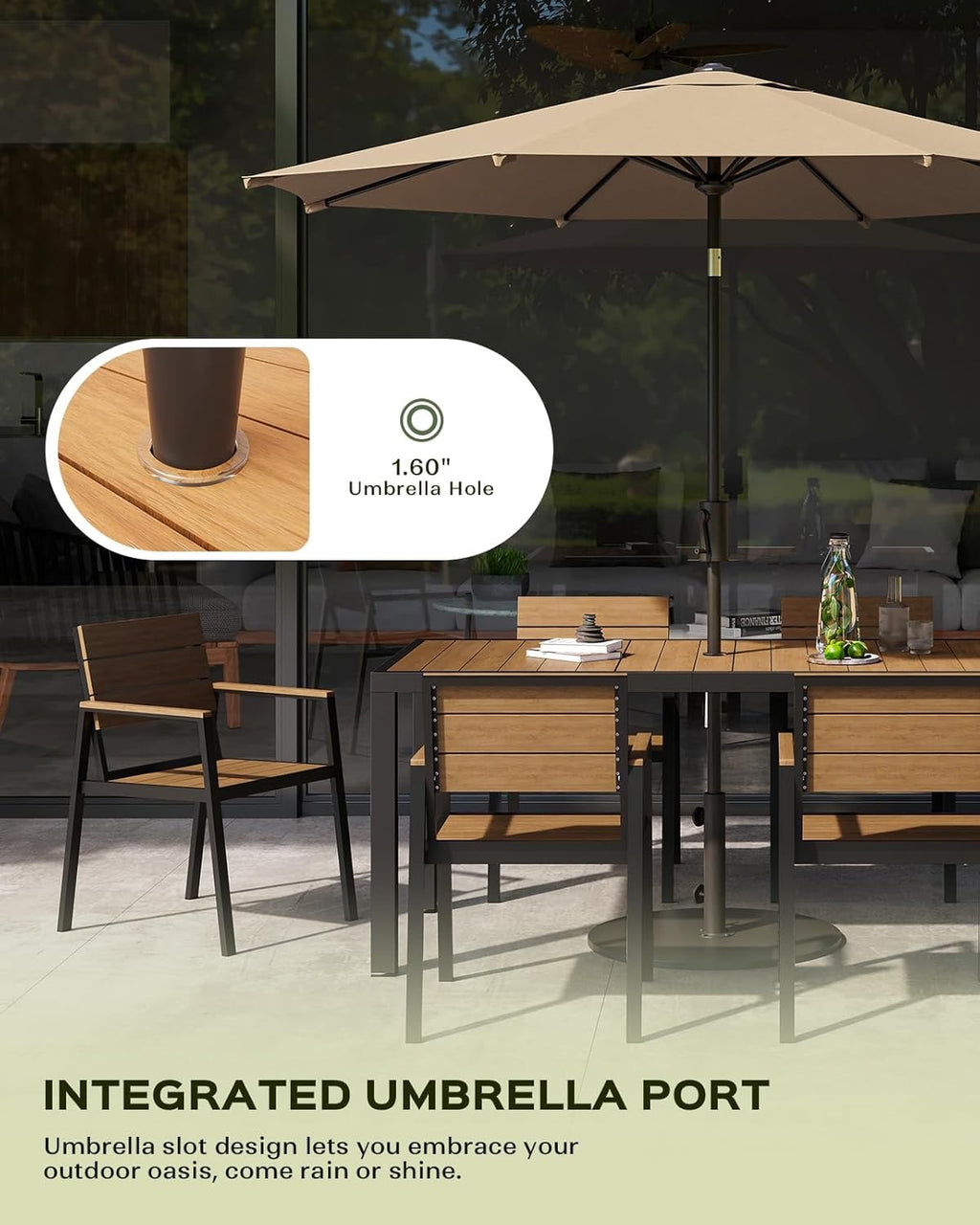 7-Piece Aluminum Patio Dining Set | HDPS Gray-Teak Outdoor Table & Chairs for 6 with Umbrella Hole