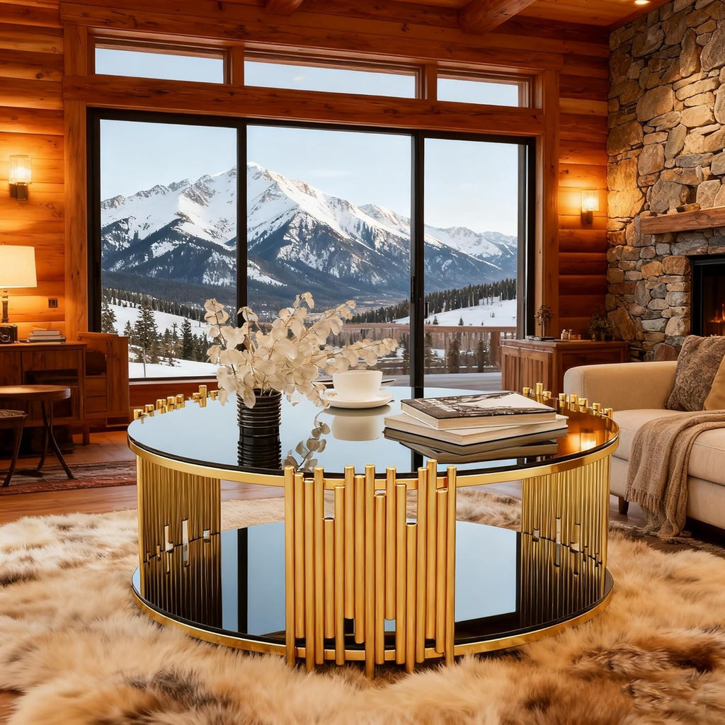 36” Round Glass Coffee Table | Modern Luxury 2-Tier Center Table with Gold Stainless Steel Base