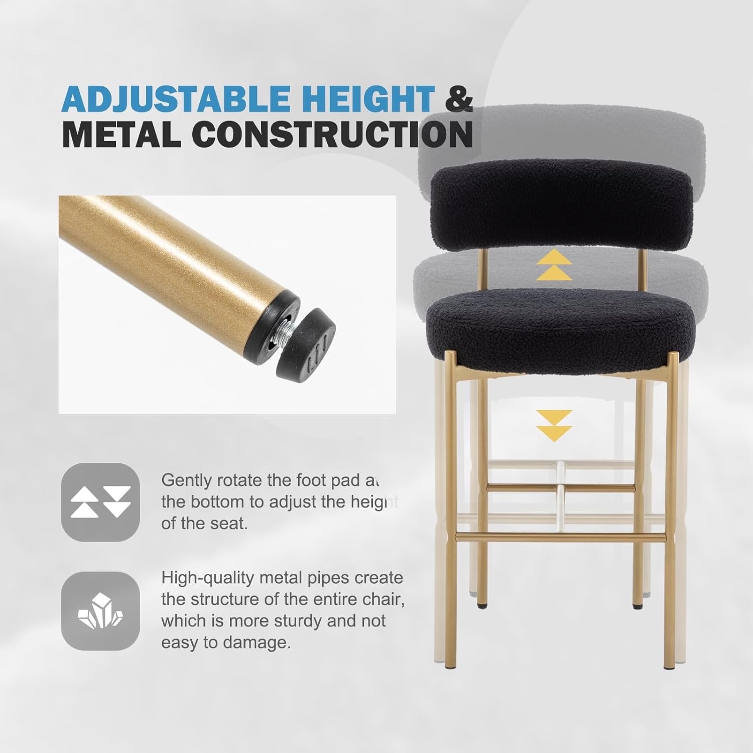 Bouclé Bar Stools Set of 3 Black & Gold | Counter Height Upholstered Barstools with Back for Kitchen Island