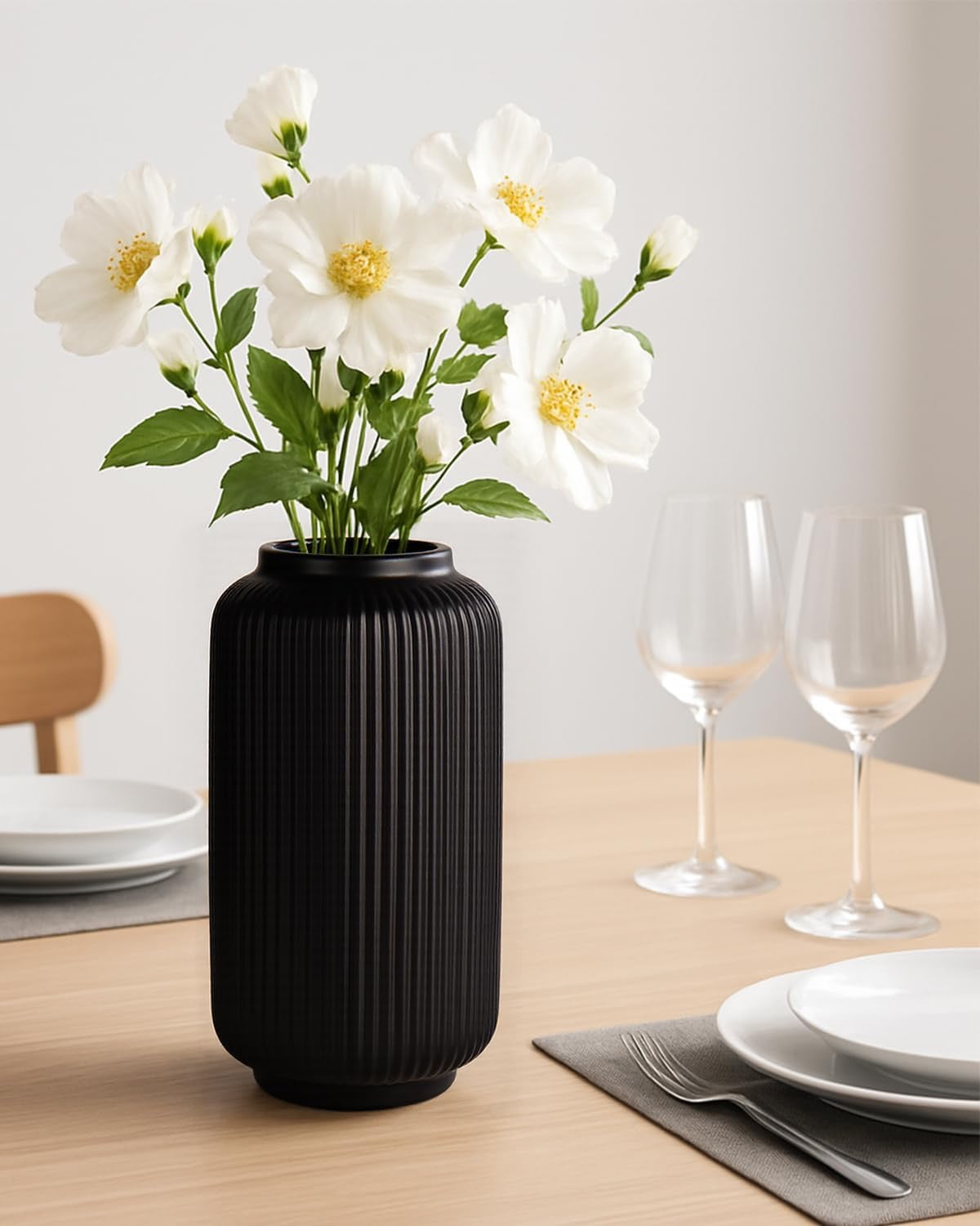 Black Ribbed Ceramic Vase (8”) | Modern Decorative Vase for Dried or Fresh Florals
