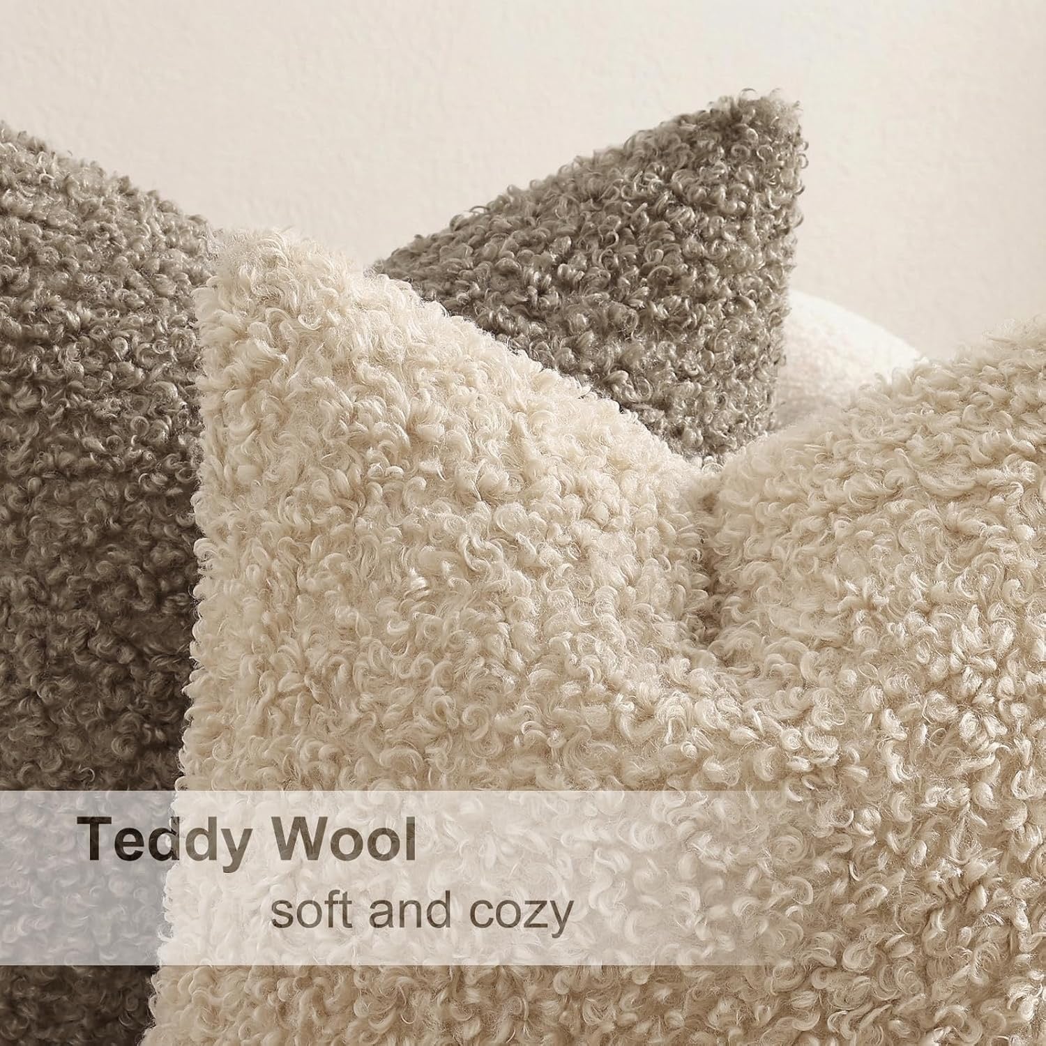 DecorUhome Faux Fur Sherpa Pillow Covers Set of 2 | 18x18 Neutral Oatmeal Decorative Cushion Covers