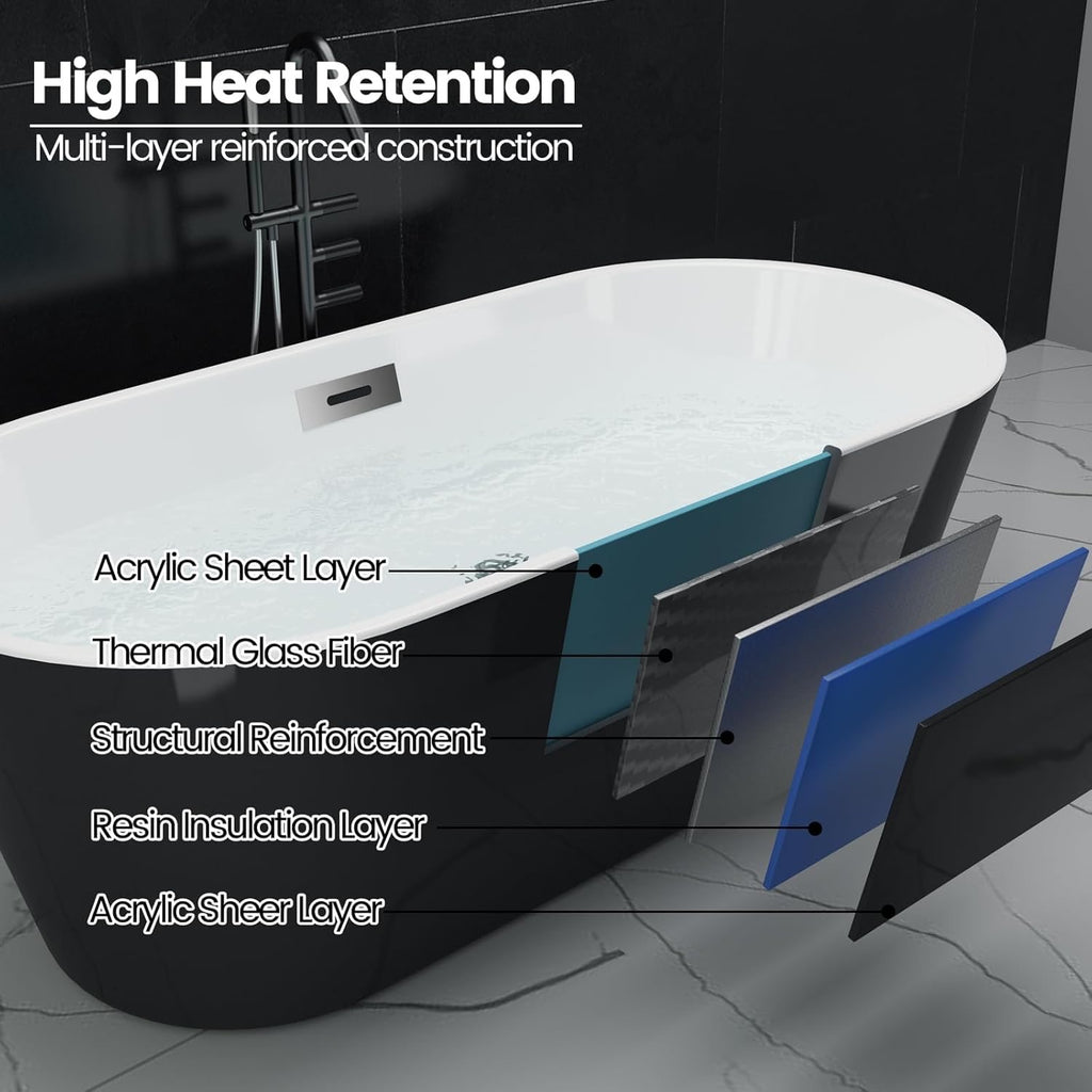 67” Freestanding Acrylic Bathtub | Black Exterior White Interior | Modern Deep Soaking Tub with Chrome Drain
