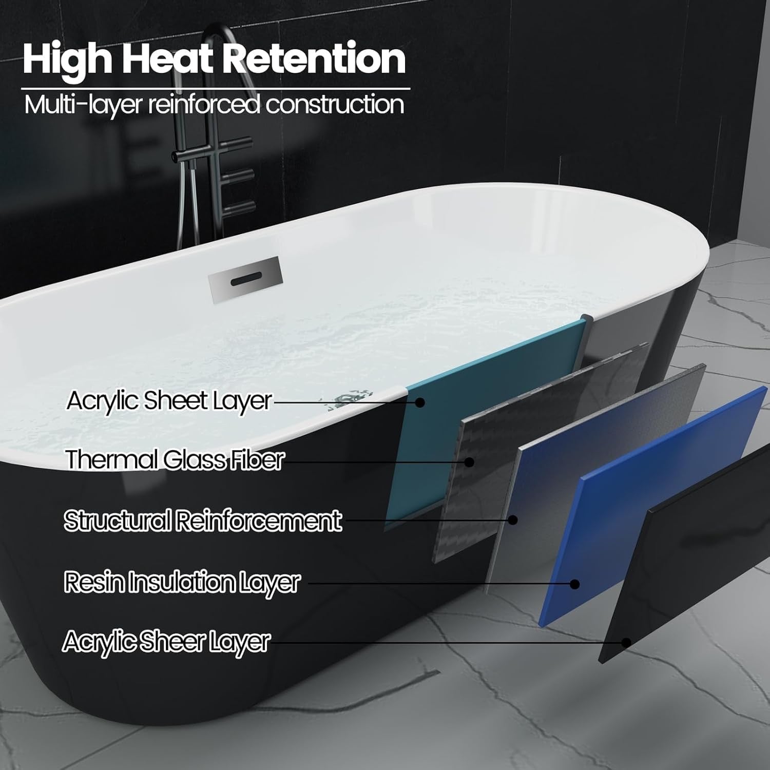 67” Freestanding Acrylic Bathtub | Black Exterior White Interior | Modern Deep Soaking Tub with Chrome Drain
