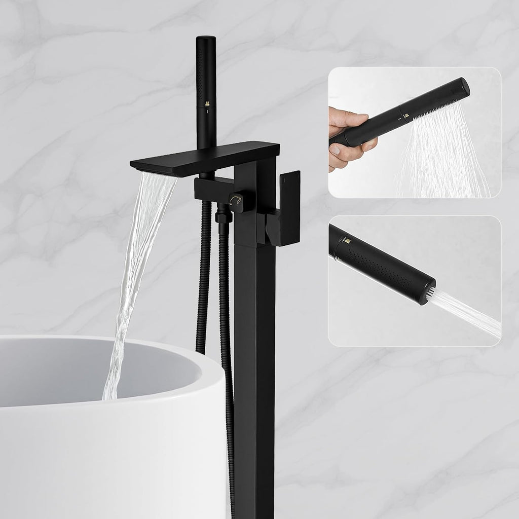 RUMOSE Matte Black Freestanding Tub Filler | Waterfall Floor Mount Faucet with Handheld Sprayer
