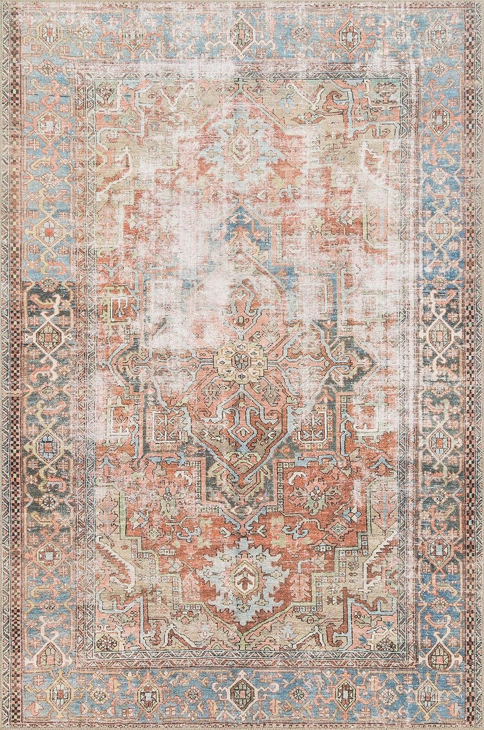 Loloi Loren LQ-15 Area Rug | Terracotta / Sky Vintage-Inspired Rug – 7'6" x 9'6"