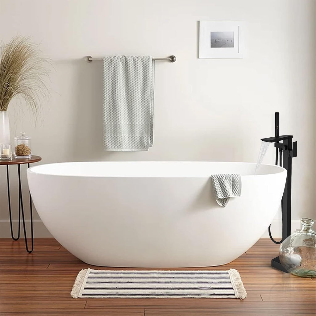 RUMOSE Matte Black Freestanding Tub Filler | Waterfall Floor Mount Faucet with Handheld Sprayer