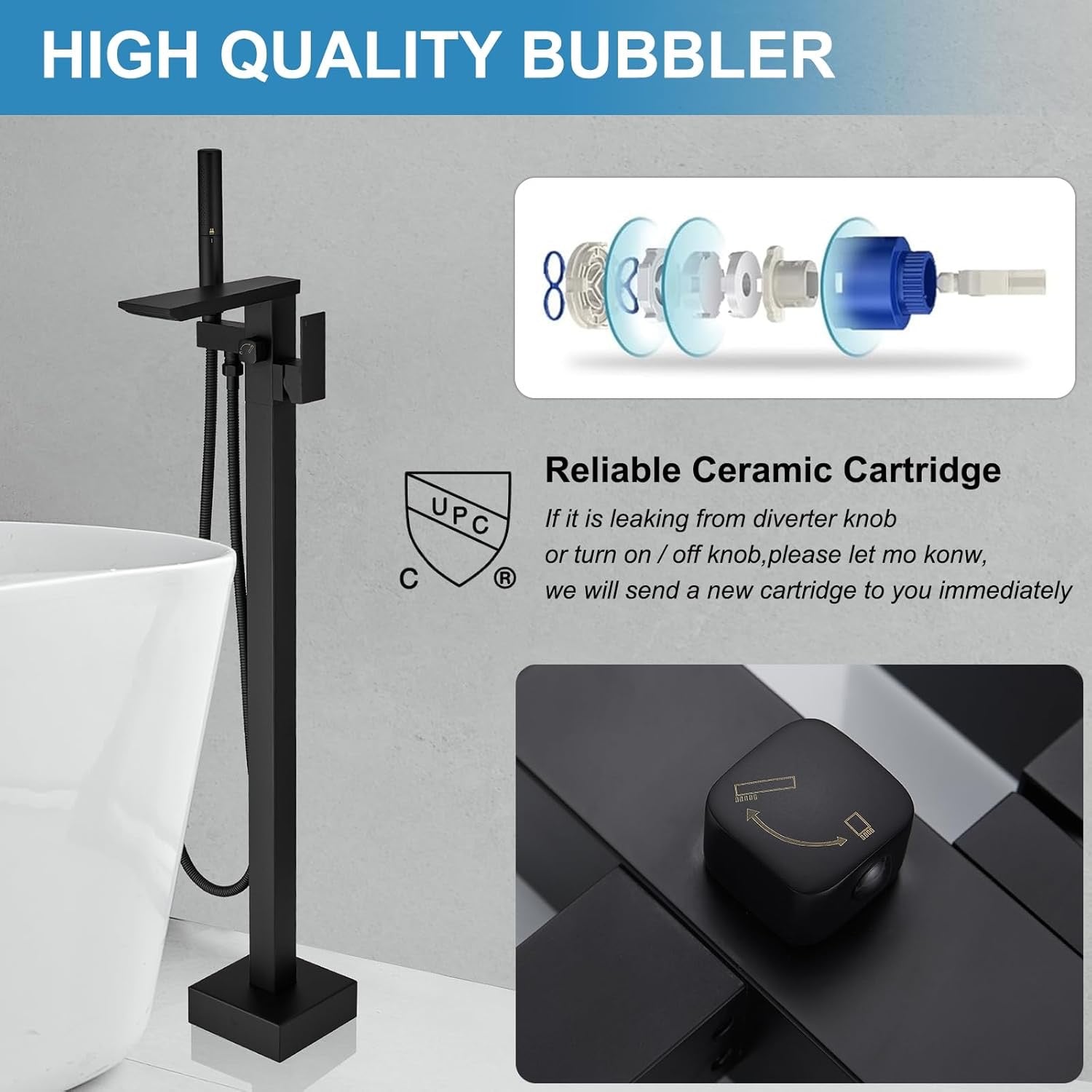 RUMOSE Matte Black Freestanding Tub Filler | Waterfall Floor Mount Faucet with Handheld Sprayer