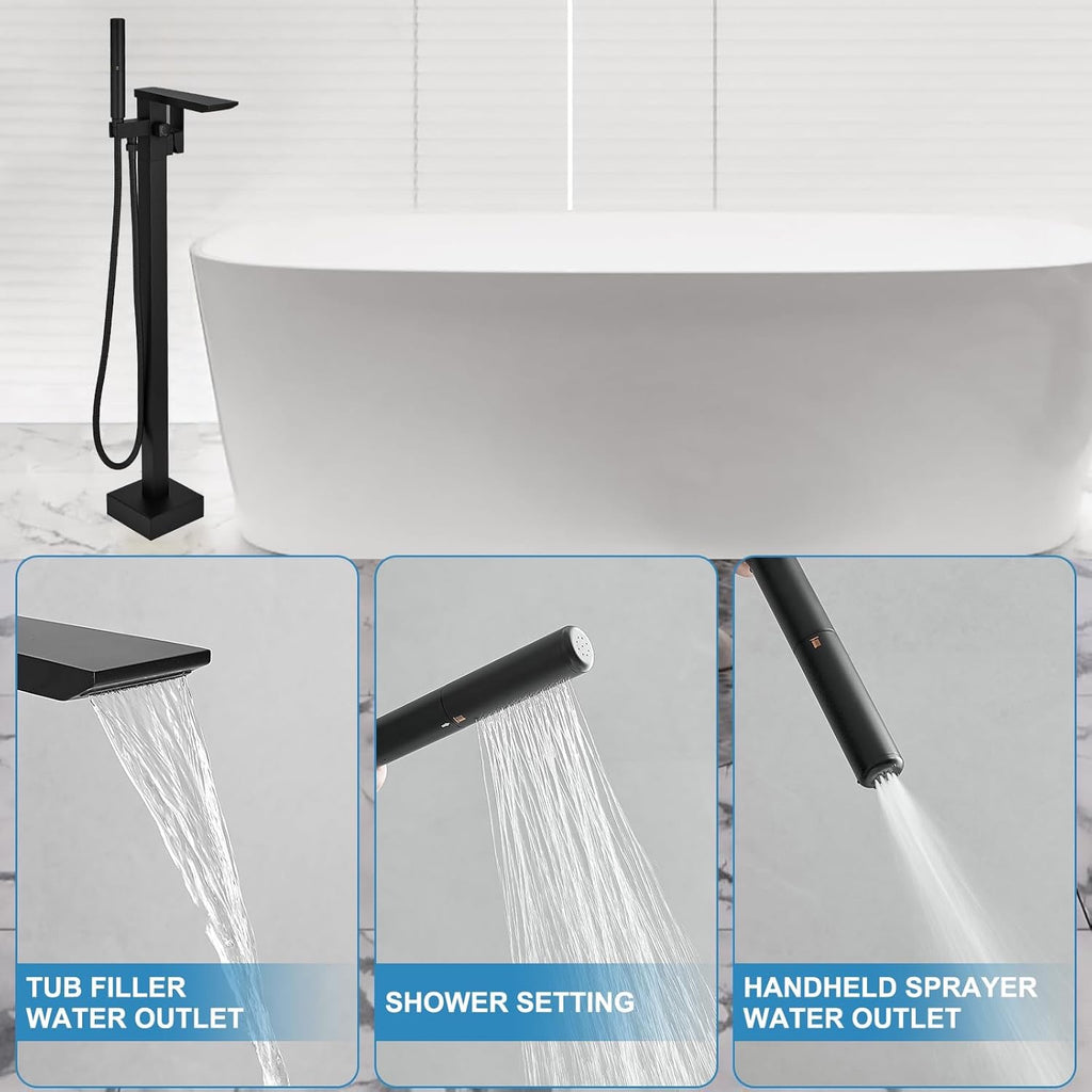 RUMOSE Matte Black Freestanding Tub Filler | Waterfall Floor Mount Faucet with Handheld Sprayer
