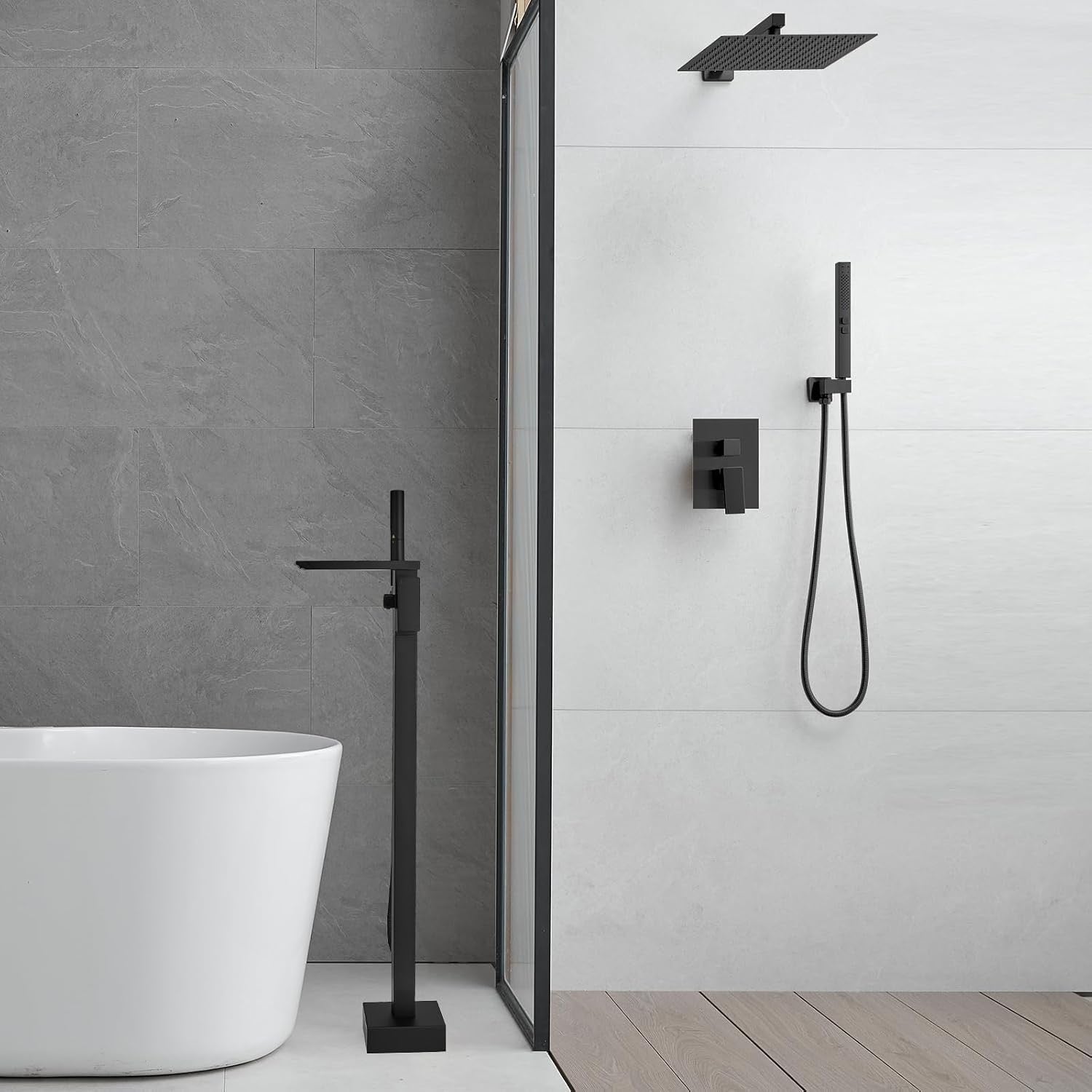 RUMOSE Matte Black Freestanding Tub Filler | Waterfall Floor Mount Faucet with Handheld Sprayer