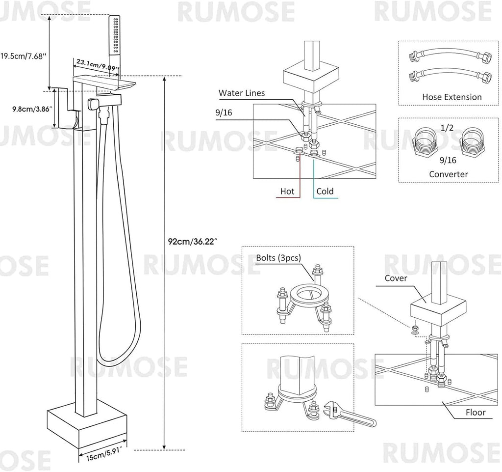 RUMOSE Matte Black Freestanding Tub Filler | Waterfall Floor Mount Faucet with Handheld Sprayer