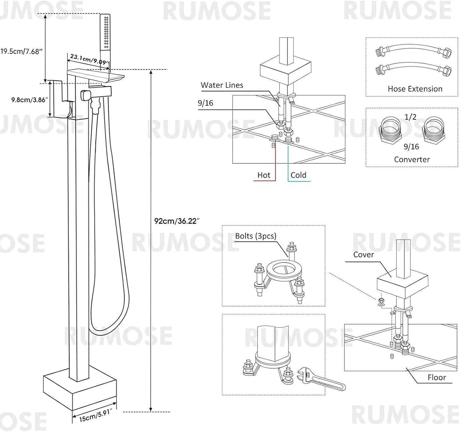 RUMOSE Matte Black Freestanding Tub Filler | Waterfall Floor Mount Faucet with Handheld Sprayer