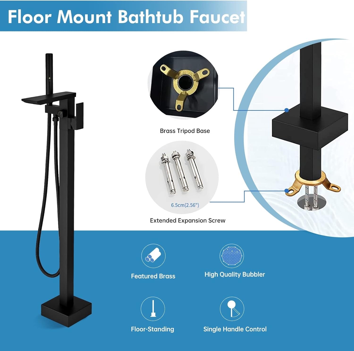 RUMOSE Matte Black Freestanding Tub Filler | Waterfall Floor Mount Faucet with Handheld Sprayer