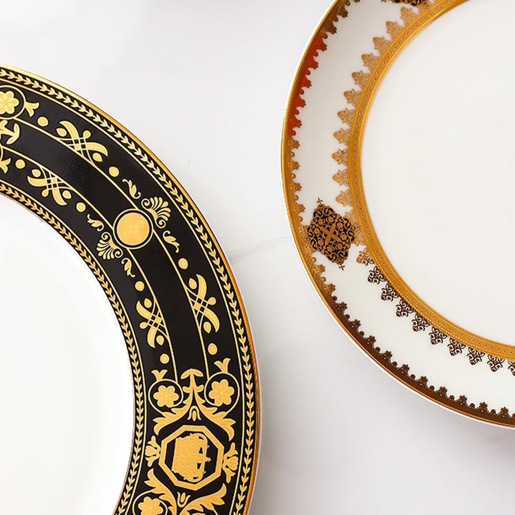8 Piece Bone China Dinnerware Set for 2 Gold Rim | Elegant Plates Cups and Saucers Scratch Resistant Dishwasher Safe