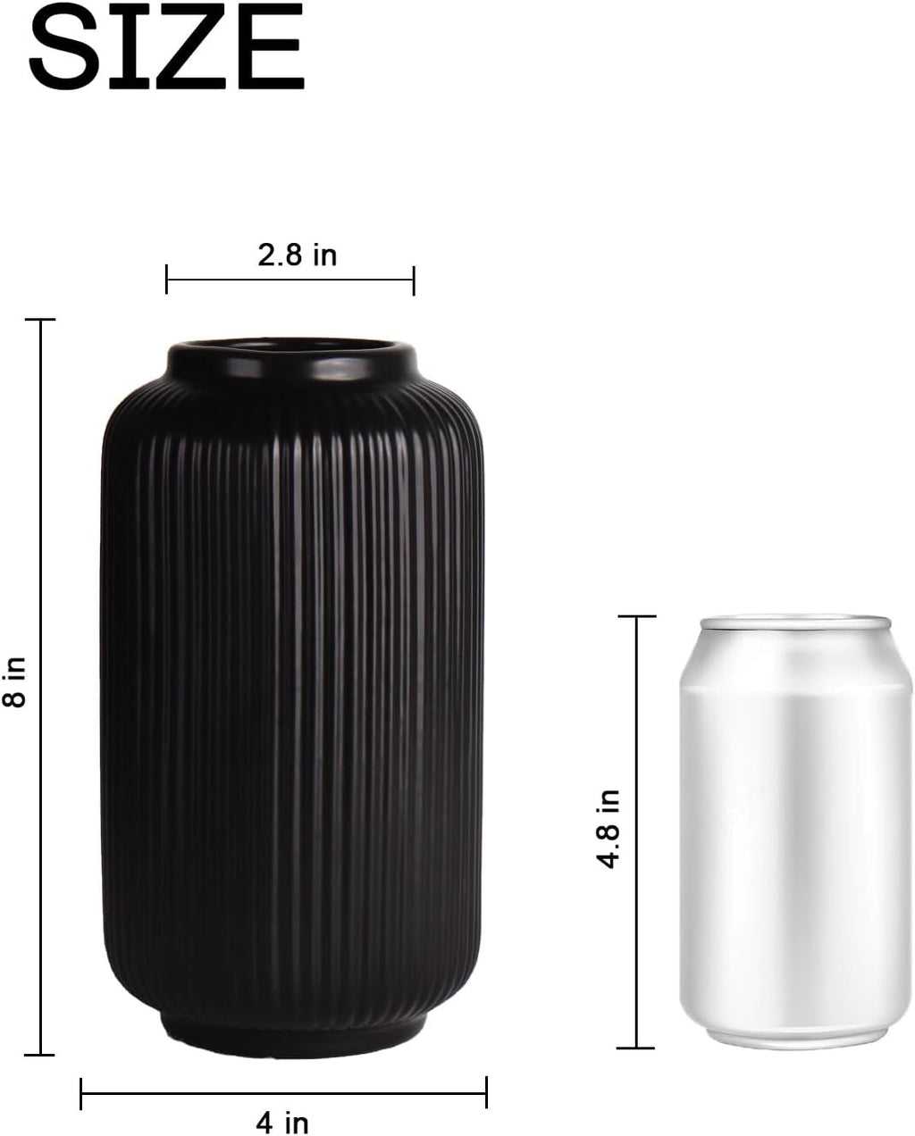 Black Ribbed Ceramic Vase (8”) | Modern Decorative Vase for Dried or Fresh Florals