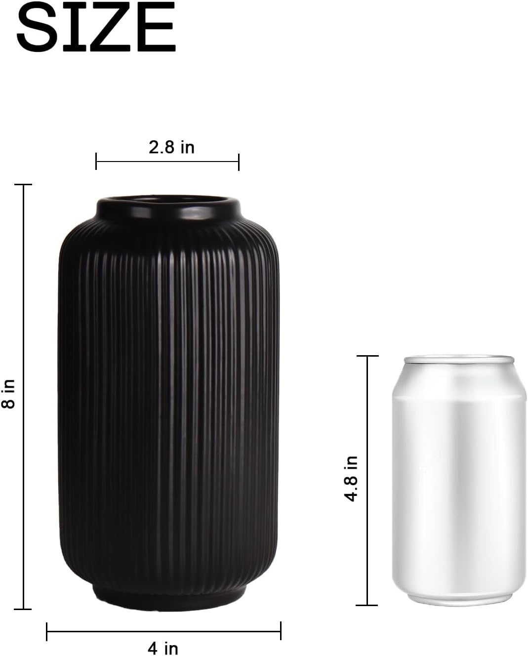 Black Ribbed Ceramic Vase (8”) | Modern Decorative Vase for Dried or Fresh Florals