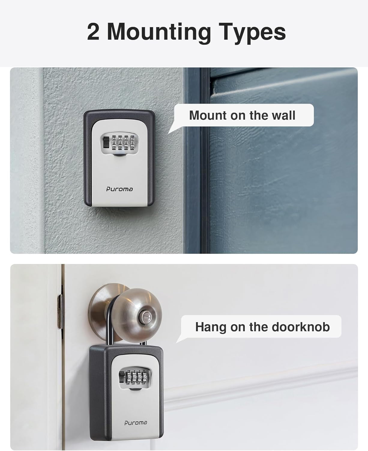 Puroma Large Key Lock Box Resettable Combination | Portable Wall Mount Outdoor Key Safe Security Box Gray
