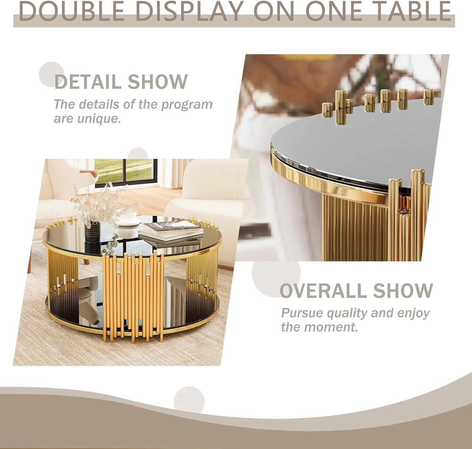 36” Round Glass Coffee Table | Modern Luxury 2-Tier Center Table with Gold Stainless Steel Base
