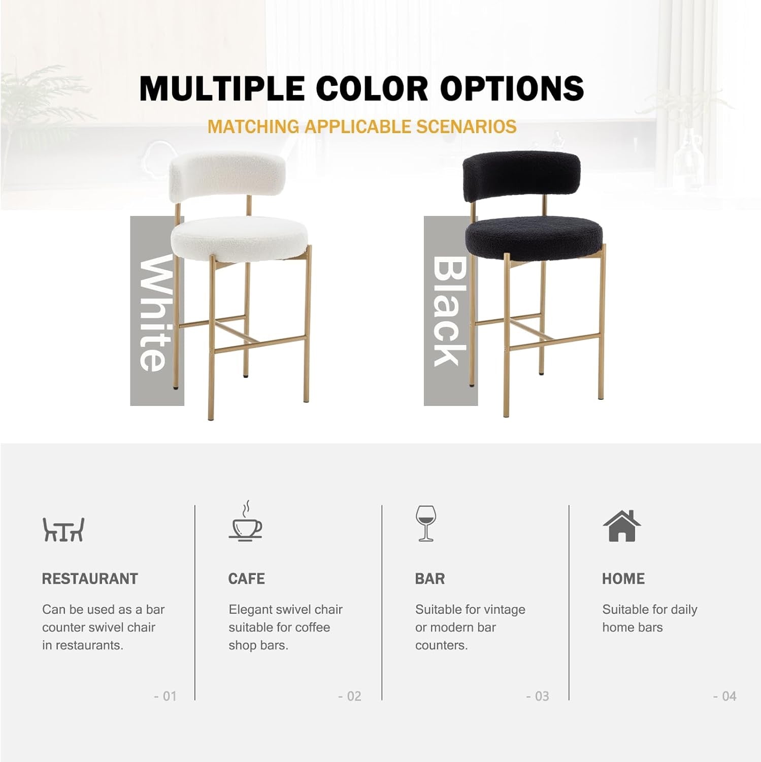 Bouclé Bar Stools Set of 3 Black & Gold | Counter Height Upholstered Barstools with Back for Kitchen Island