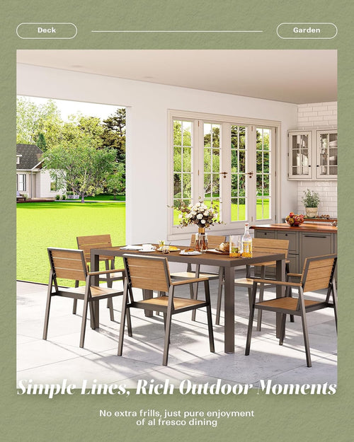 7-Piece Aluminum Patio Dining Set | HDPS Gray-Teak Outdoor Table & Chairs for 6 with Umbrella Hole