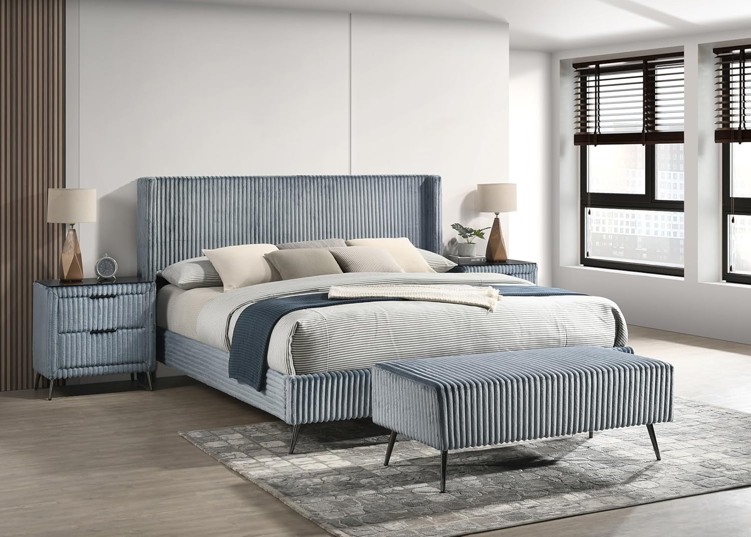 Blue Corduroy King Bed Set with Nightstands & Bench | Upholstered Panel Bed Bedroom Set