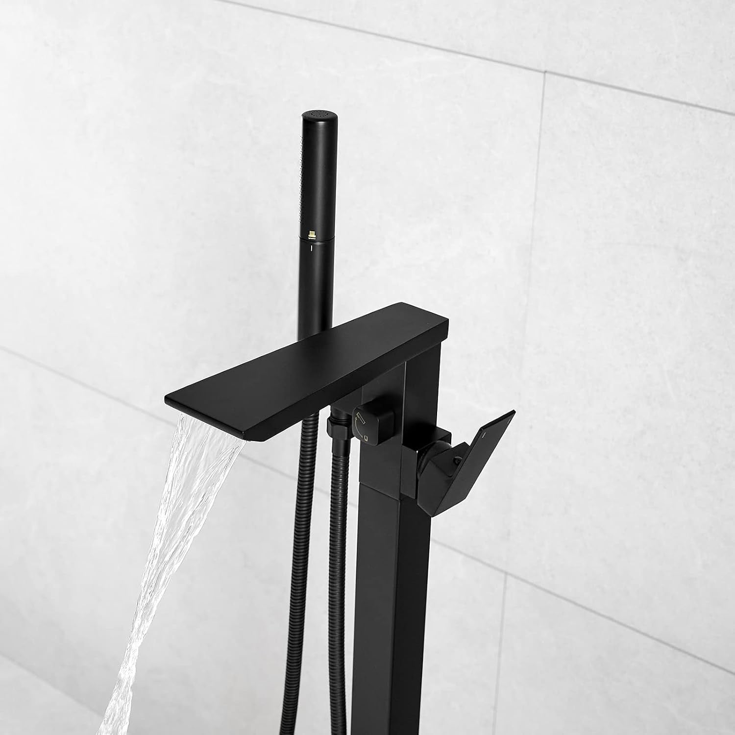 RUMOSE Matte Black Freestanding Tub Filler | Waterfall Floor Mount Faucet with Handheld Sprayer