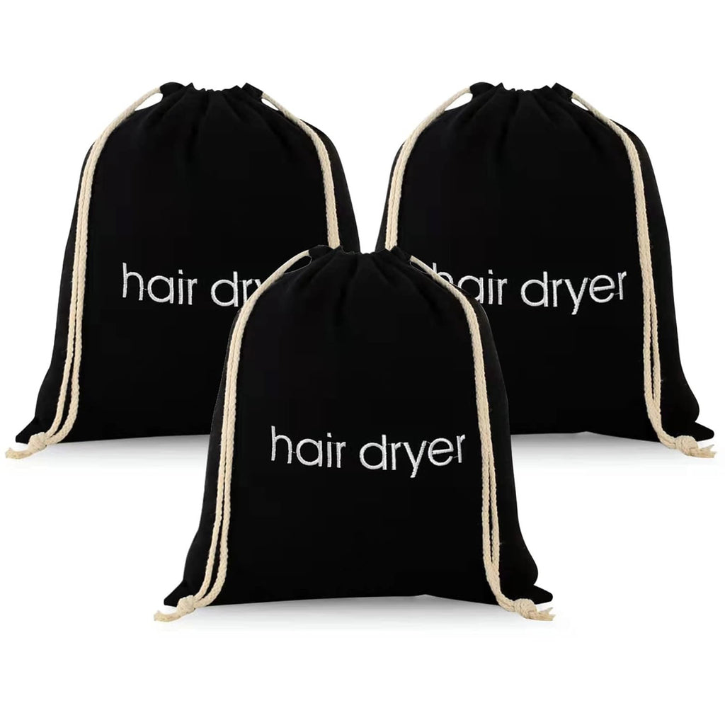 Hair Dryer Bags Drawstring 3-Pack | Black Travel & Bathroom Organizer Pouches
