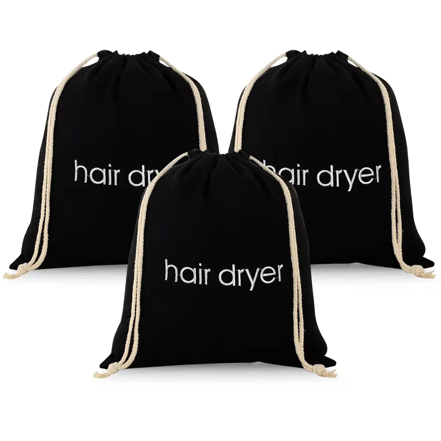 Hair Dryer Bags Drawstring 3-Pack | Black Travel & Bathroom Organizer Pouches
