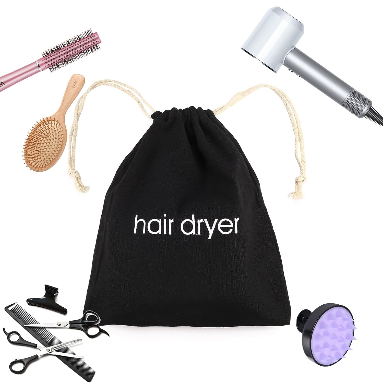 Hair Dryer Bags Drawstring 3-Pack | Black Travel & Bathroom Organizer Pouches