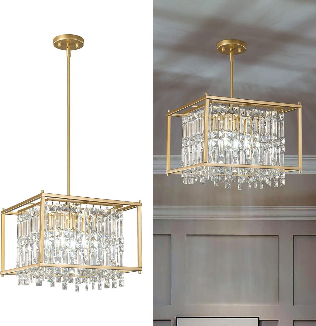 Modern Gold Crystal Square Chandelier | Adjustable Foyer & Kitchen Island Pendant (15.7")