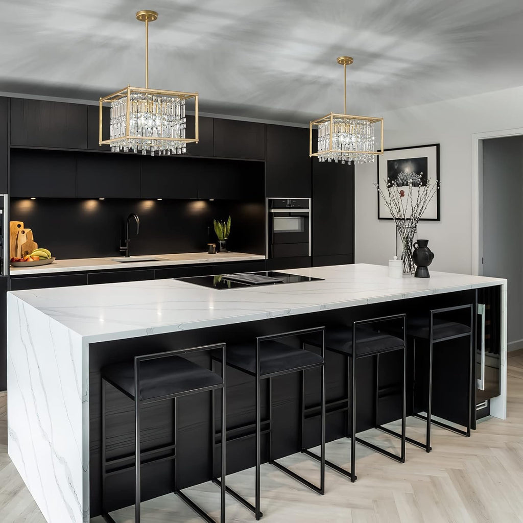 Modern Gold Crystal Square Chandelier | Adjustable Foyer & Kitchen Island Pendant (15.7")