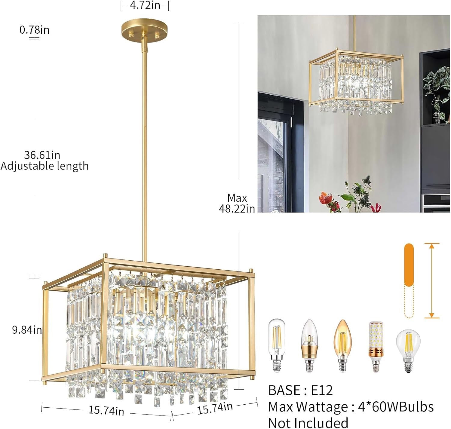 Modern Gold Crystal Square Chandelier | Adjustable Foyer & Kitchen Island Pendant (15.7")