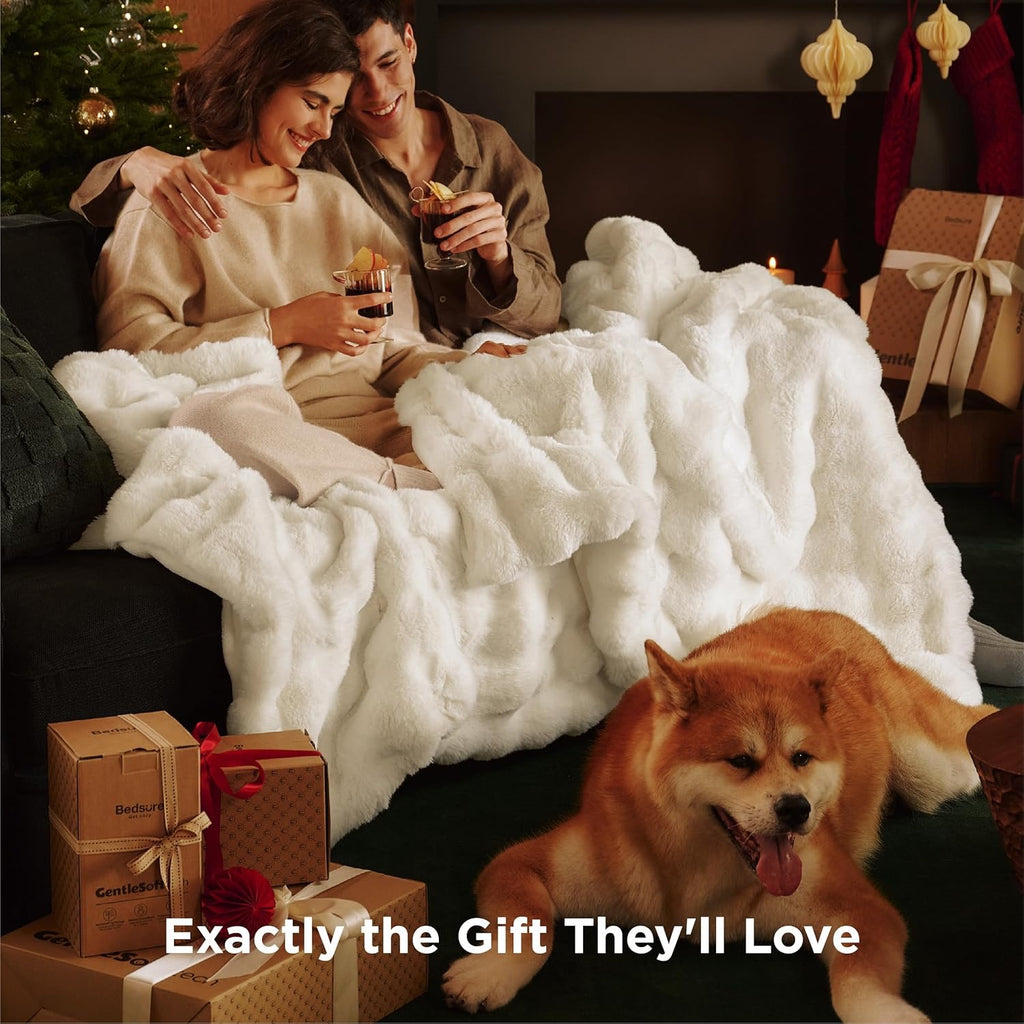 Bedsure GentleSoft Faux Fur Throw Blanket | Cream Plush Fleece Cozy Sofa & Bed Throw