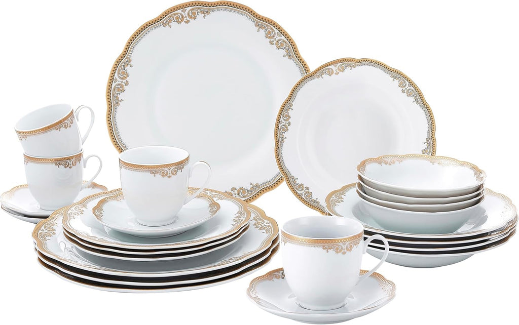 Lorren Home Trends Catherine 24 Piece Porcelain Dinnerware Set Gold | Elegant White Gold Trim Plates Cups Bowls Service for 4