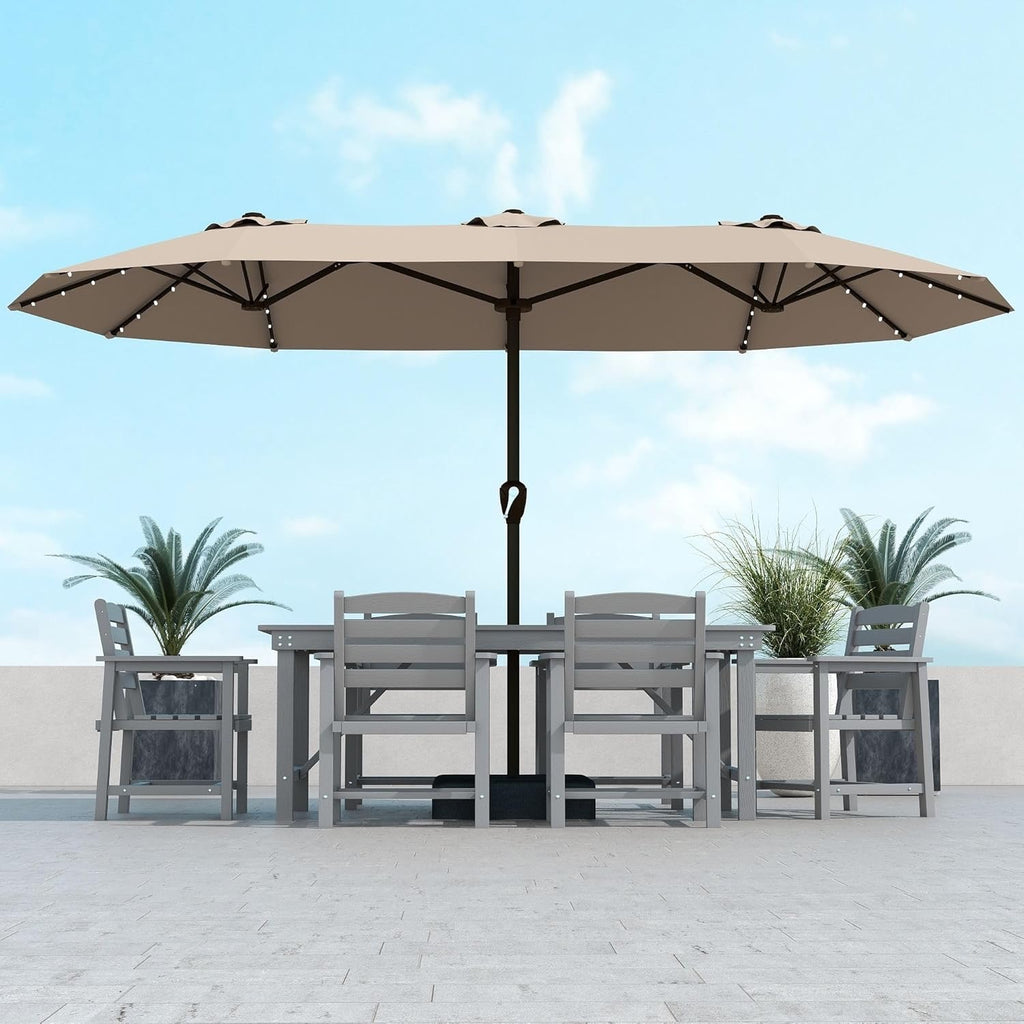 Kingdura 15’ Double-Sided Patio Umbrella with Solar LED Lights | Large Outdoor Market Umbrella with Base (Beige)