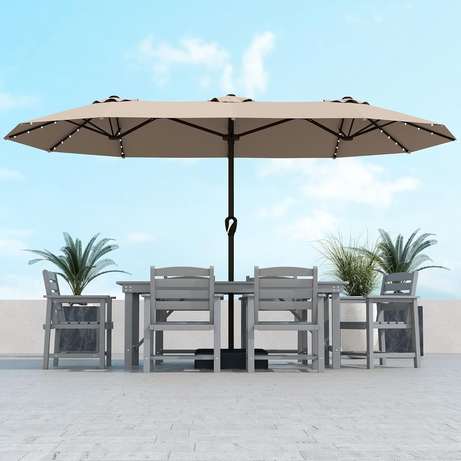 Kingdura 15’ Double-Sided Patio Umbrella with Solar LED Lights | Large Outdoor Market Umbrella with Base (Beige)