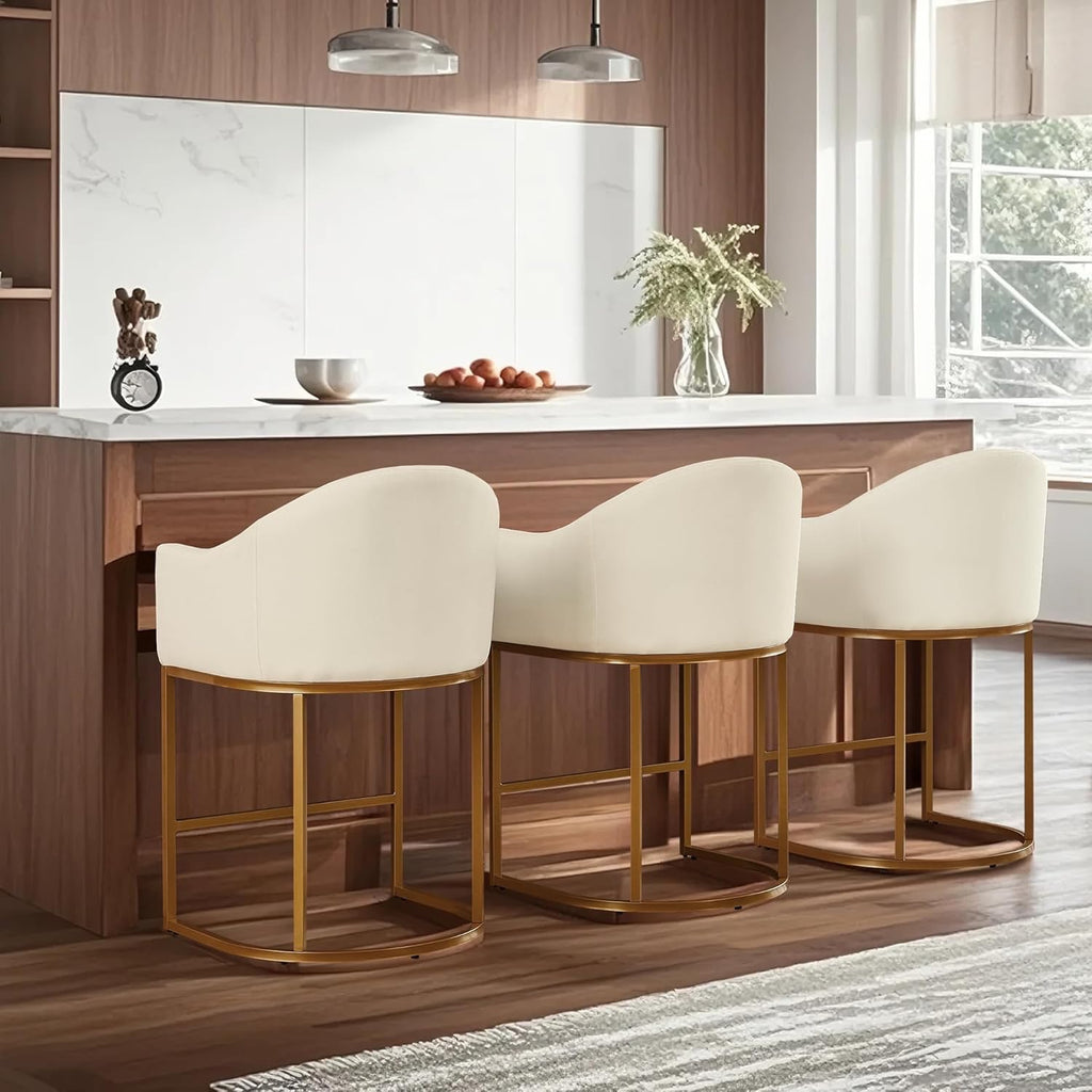 Counter Height Barrel Bar Stools Set of 3 Off White Linen | Modern Upholstered Kitchen Island Chairs with Gold Frame