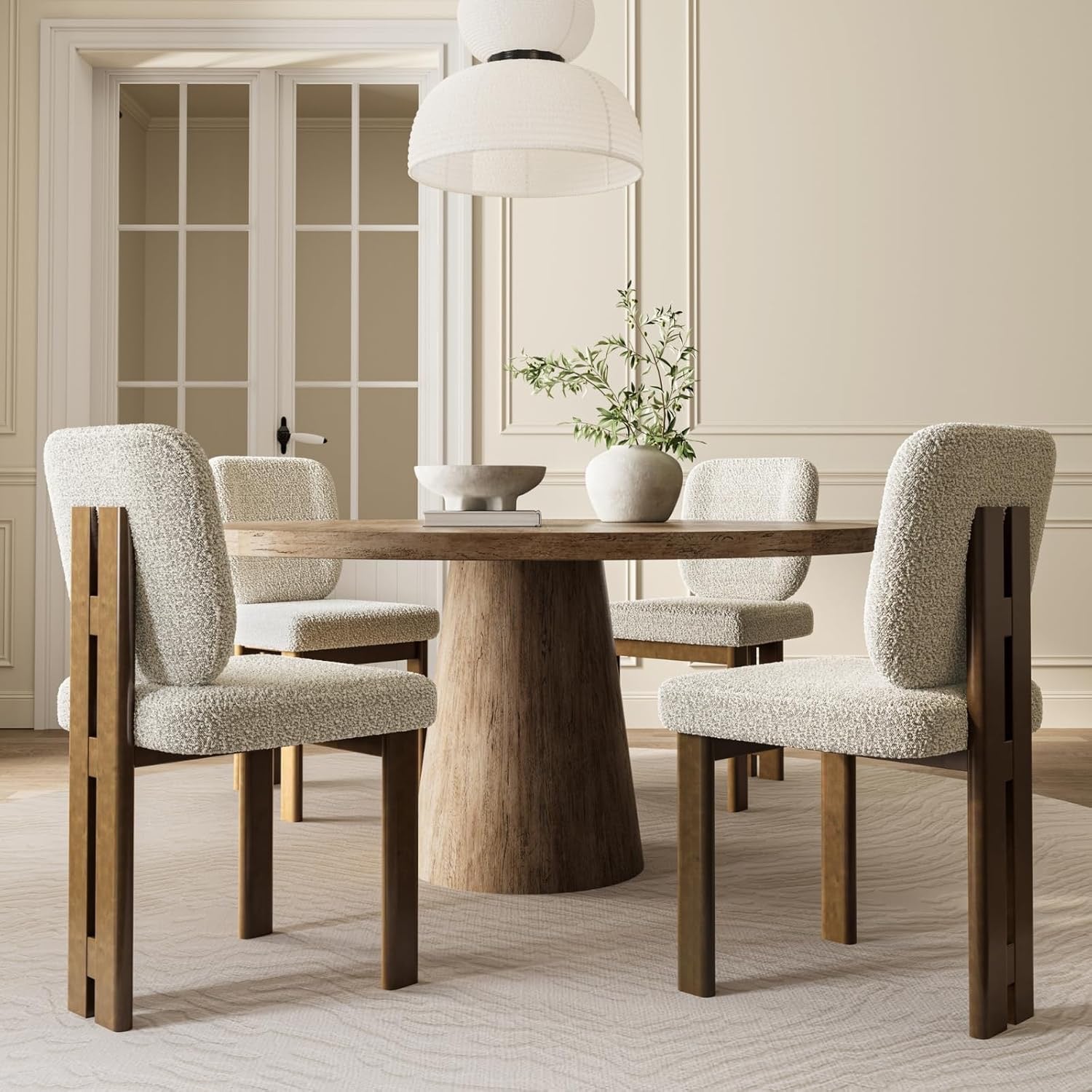 CIMOTA Modern Boucle Dining Chairs Set of 4 | Beige Upholstered Armless Chairs with Curved Back & Walnut Wood Legs