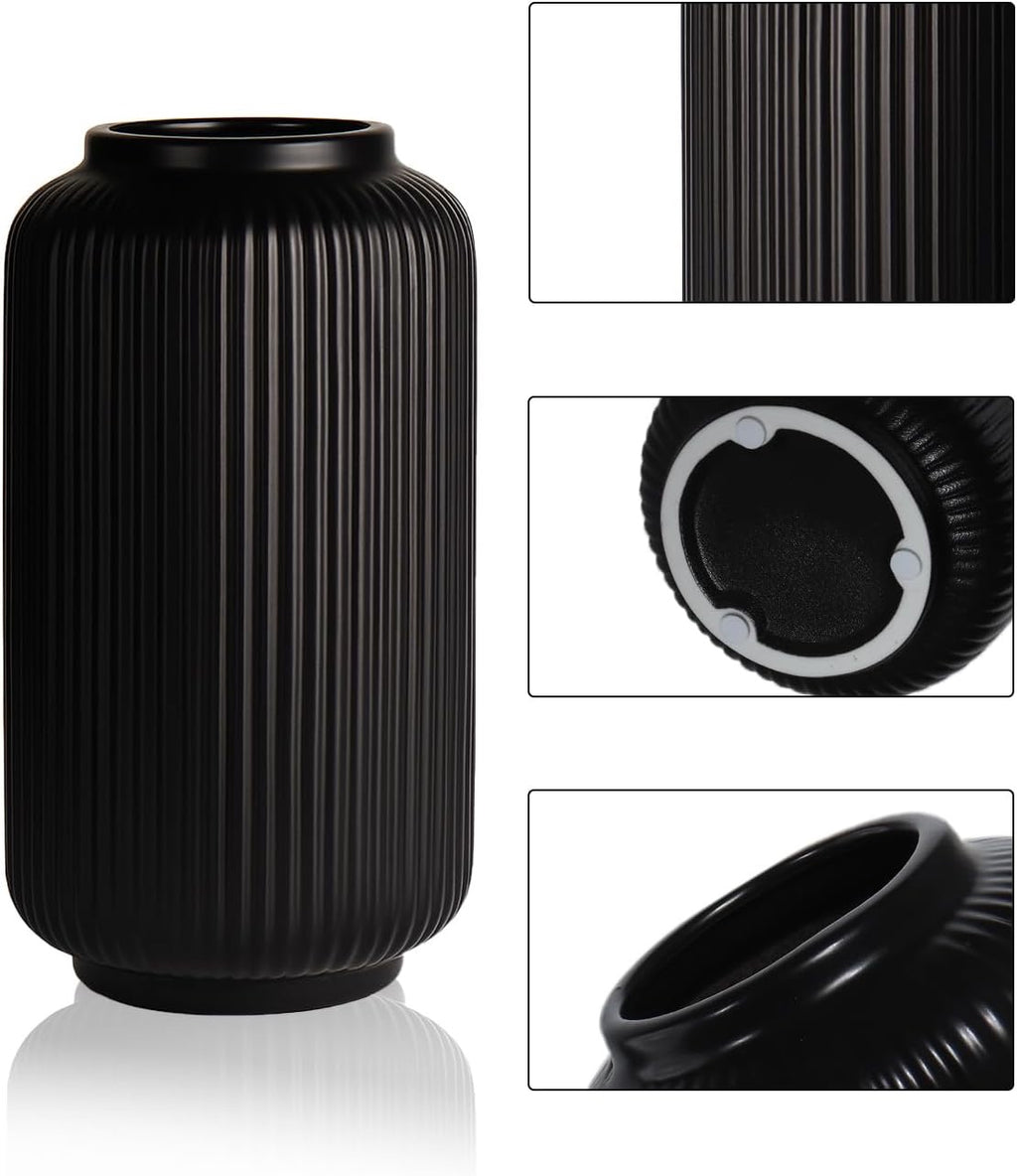 Black Ribbed Ceramic Vase (8”) | Modern Decorative Vase for Dried or Fresh Florals