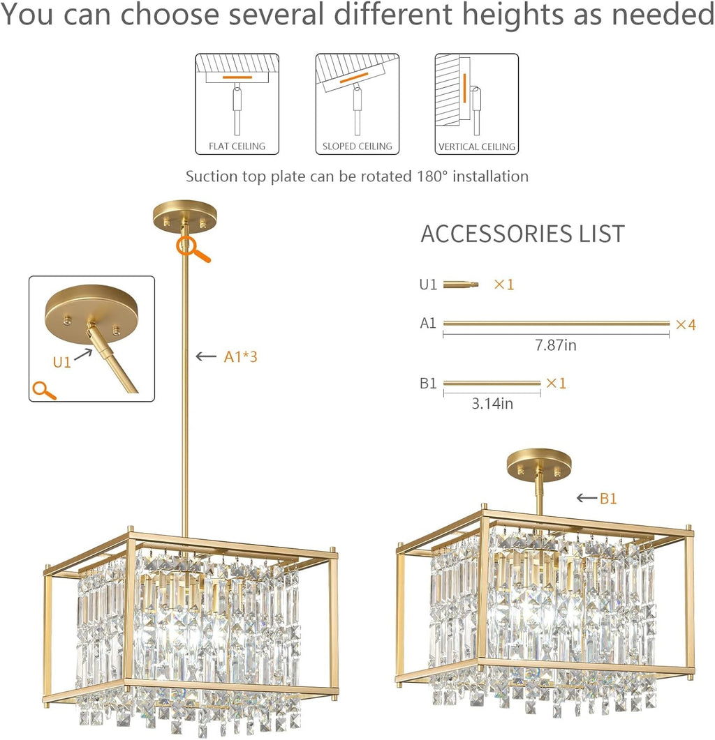 Modern Gold Crystal Square Chandelier | Adjustable Foyer & Kitchen Island Pendant (15.7")