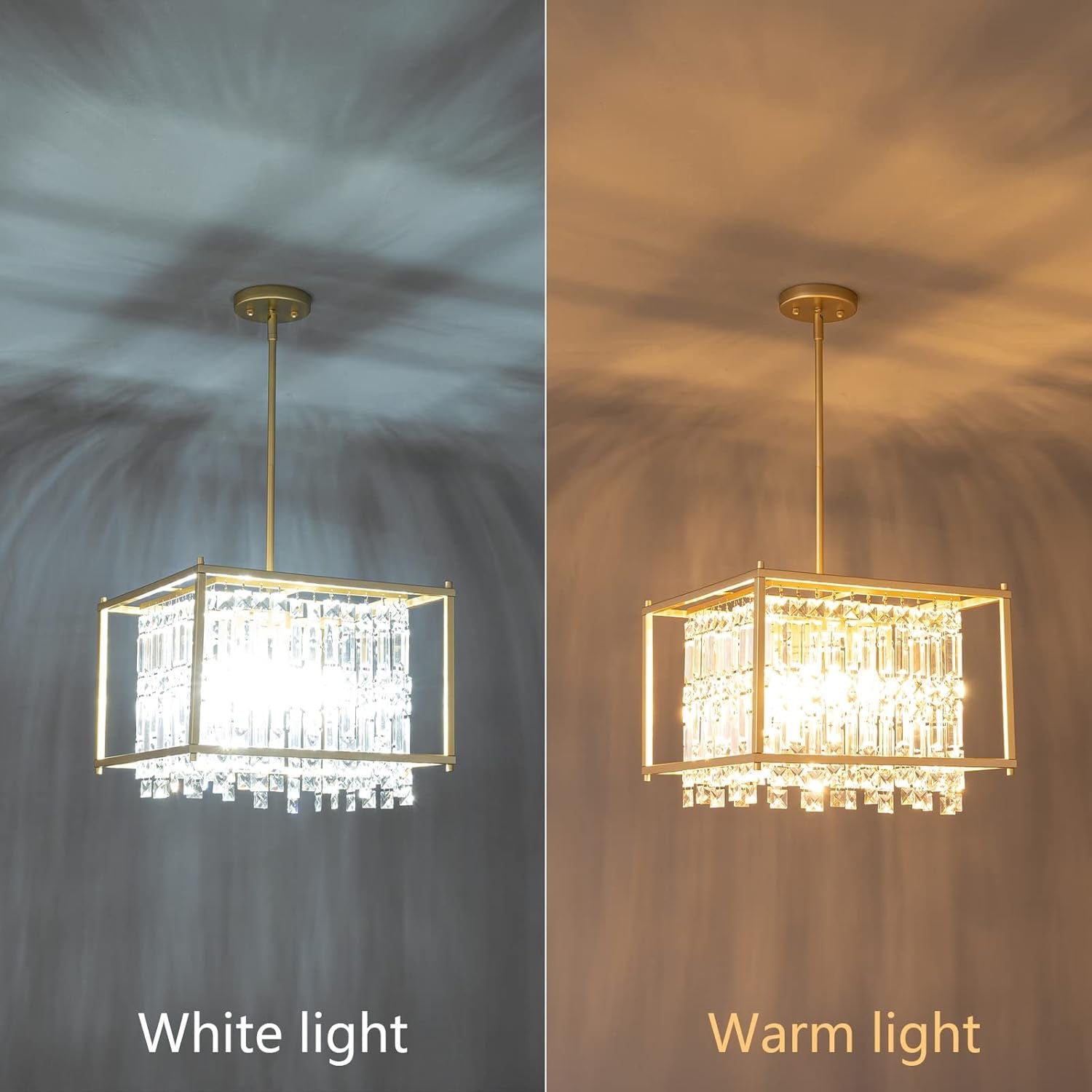 Modern Gold Crystal Square Chandelier | Adjustable Foyer & Kitchen Island Pendant (15.7")