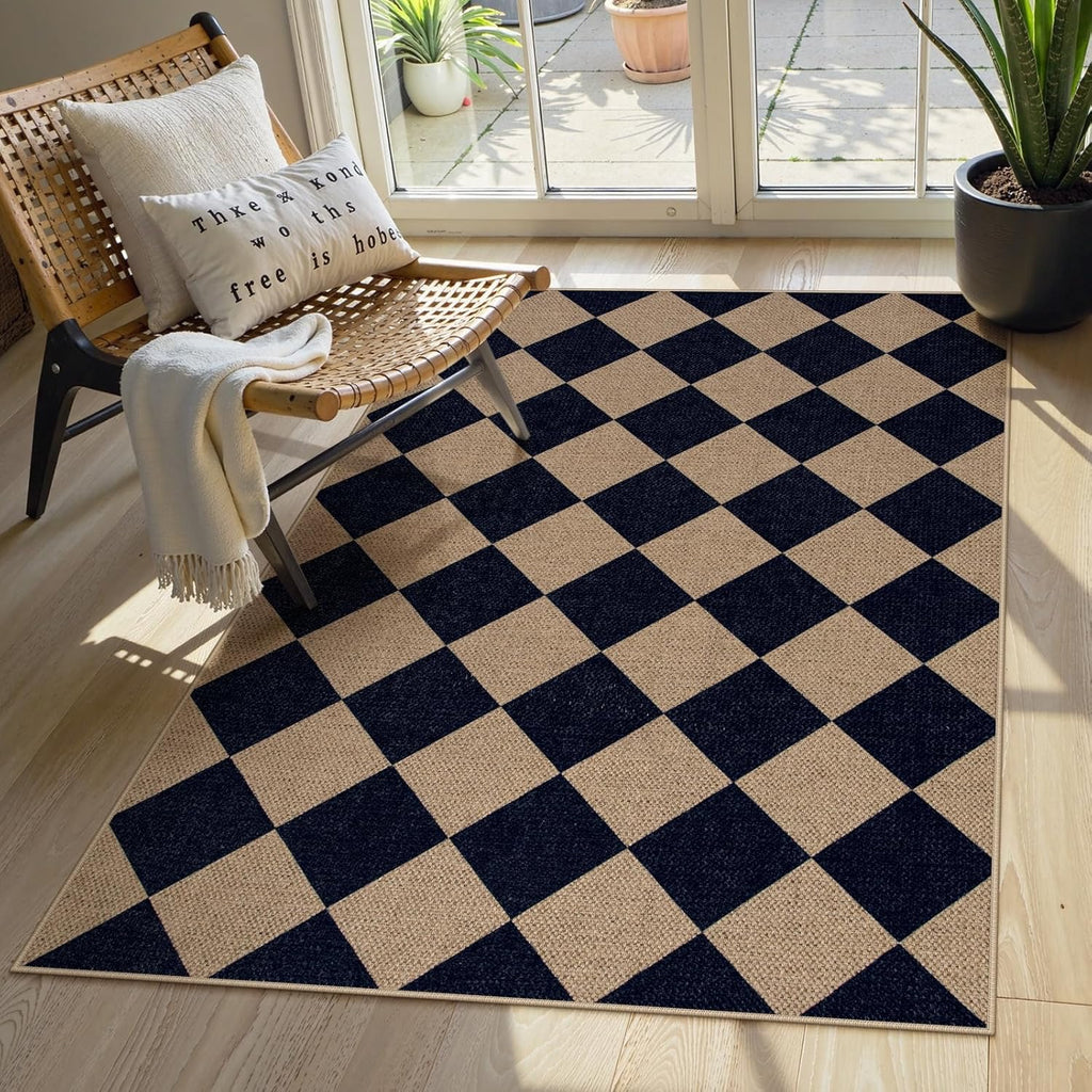 Lahome Colette Checkered Easy Jute Entry Rug 3x5 | Black Farmhouse Indoor/Outdoor Washable Rug