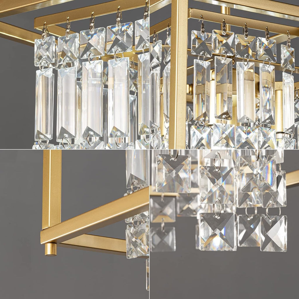 Modern Gold Crystal Square Chandelier | Adjustable Foyer & Kitchen Island Pendant (15.7")